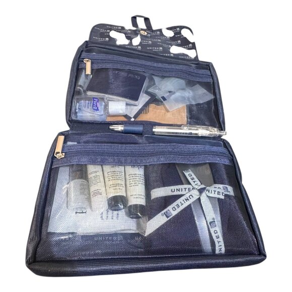 United Airlines Global First Navy Travel Amenity Kit Bag Zippered Compartments - Picture 1 of 8